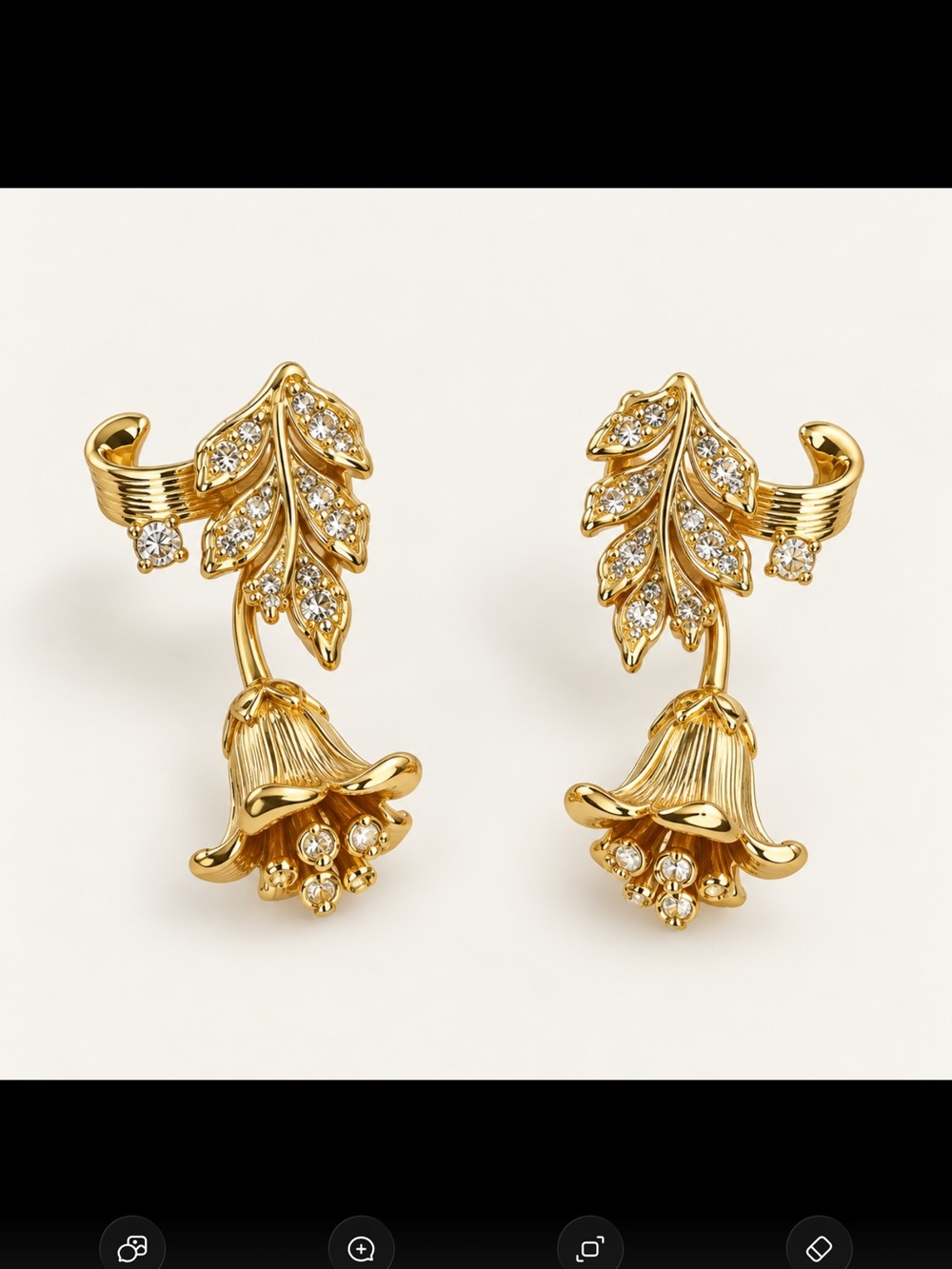 Anthropologie Gold Floral Bell Drop Earrings with Crystal Details
